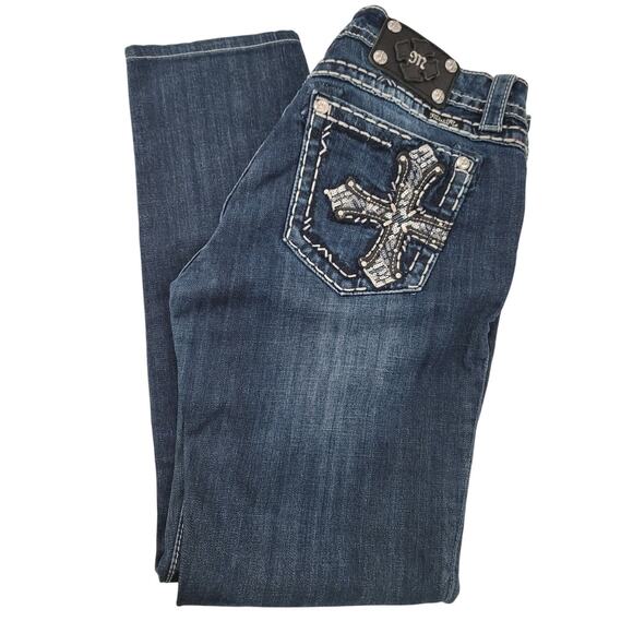 Miss Me Skinny Low Rise Cross Embellished Denim Blue Jeans 32 VTG Y2K 90s - Picture 1 of 12